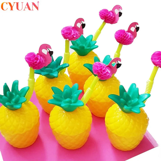 6set Tropical Pineapple Coconut Drinking Cup Juice Cups Straw Summer Luau Flamingo Birthday Beach Pool Party Hawaiian Decoration