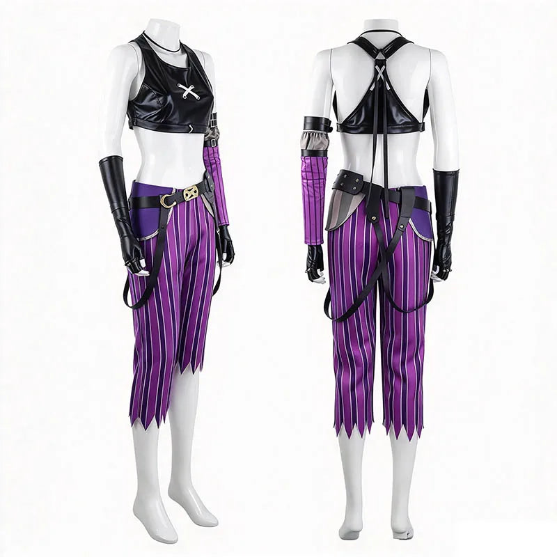 Women Purple Striped Cropped Pants Outfit Set with Gloves Stage Fancy Dress Costume for Halloween Carnival Comic-Con Cosplay