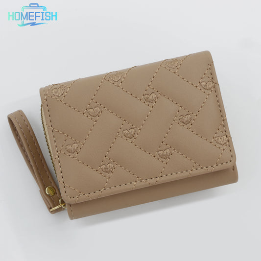 HOMEFISH Women's Short Embroidered Love Zero Wallet Zipper Buckle Large Capacity Card Bag Versatile Fashion Simple