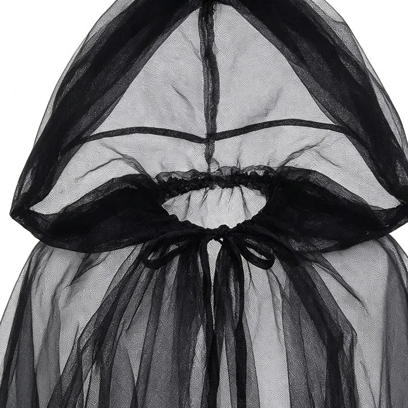 Women Halloween Black Sheer Tulle Cloak Long Hooded Mesh Cape Ghost Witch Vampire Cosplay Costume Carnival Party Fancy Dress