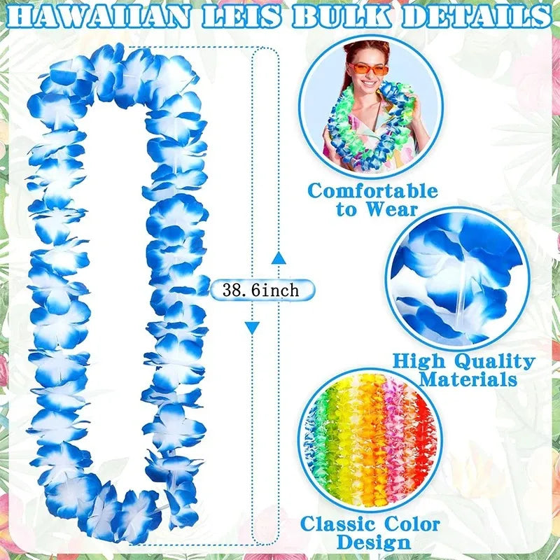 6/12/24Pcs Hawaiian Leis Party Flower Necklace Colorful Tropical Hawaiian Bulk Summer Beach Holiday Pool Birthday Party Decor