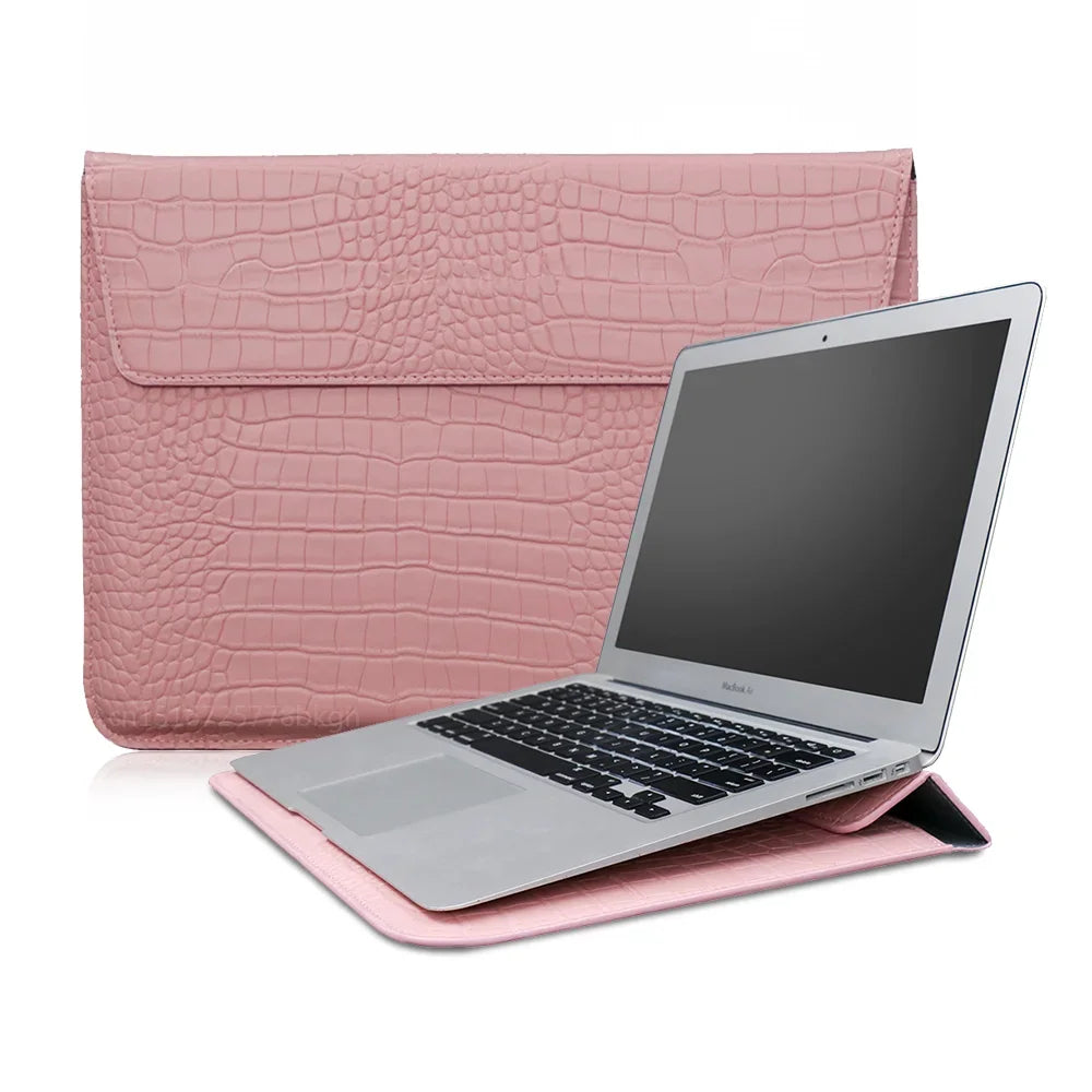 Crocodile Grain Laptop Sleeve – PU Leather Flip Case with Stand