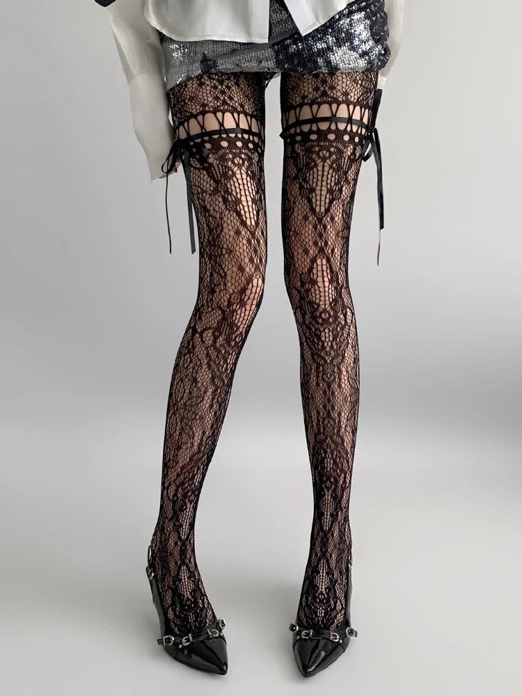 Sheer Mesh Tights for Women – Beige Lace Detail Stockings