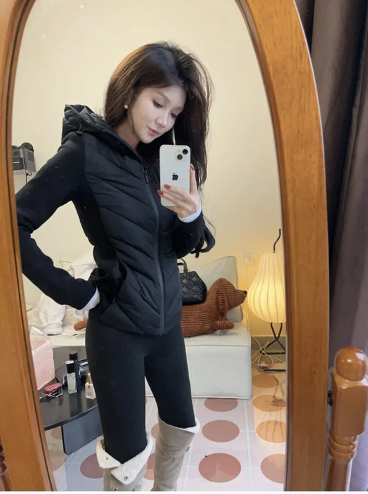 ETJ 2025 new women's elegant fashion patchwork long sleeve standing collar hooded cotton jacket sport coat 8073227