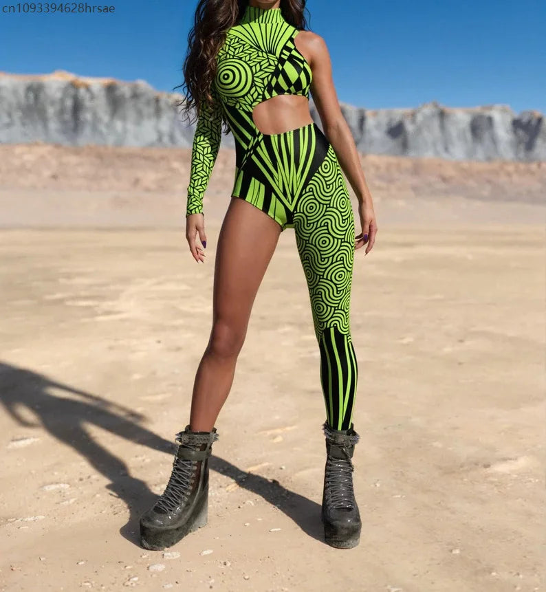 Women Punk Asymmetrical Holiday Bodysuit Costume Colorful Rainbow Jumpsuit Cosplay Halloween Party Performance Tights Suit