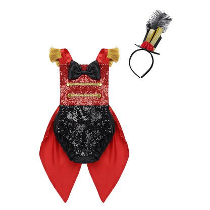 Baby Girl Toddler Showman Ringmaster Circus Costume Bodysuit Sequins Bowknot Romper with Feather Hat for Halloween Cosplay Party