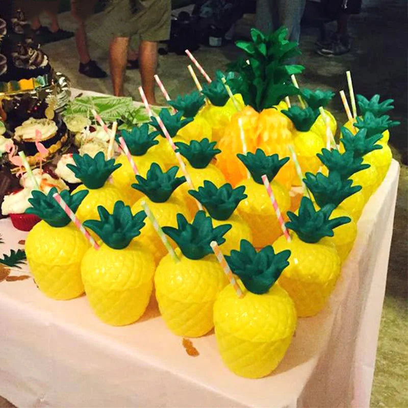 6set Tropical Pineapple Coconut Drinking Cup Juice Cups Straw Summer Luau Flamingo Birthday Beach Pool Party Hawaiian Decoration