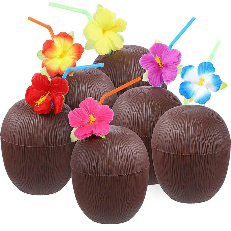 6set Tropical Pineapple Coconut Drinking Cup Juice Cups Straw Summer Luau Flamingo Birthday Beach Pool Party Hawaiian Decoration