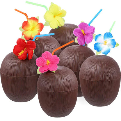 6set Tropical Pineapple Coconut Drinking Cup Juice Cups Straw Summer Luau Flamingo Birthday Beach Pool Party Hawaiian Decoration