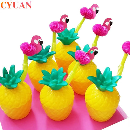 6set Tropical Pineapple Coconut Drinking Cup Juice Cups Straw Summer Luau Flamingo Birthday Beach Pool Party Hawaiian Decoration