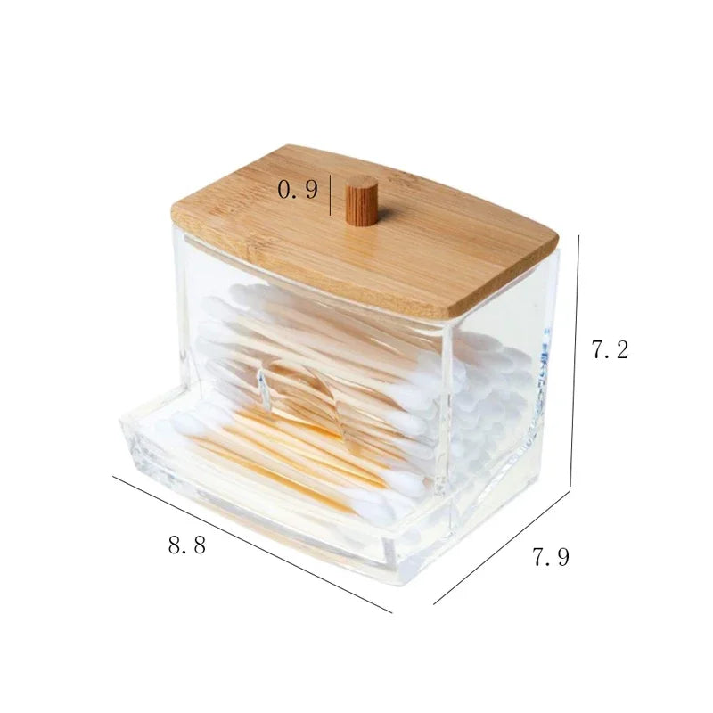 Cotton Swab Storage Box with Bamboo Cover, Clear Cotton Bud Organizer
