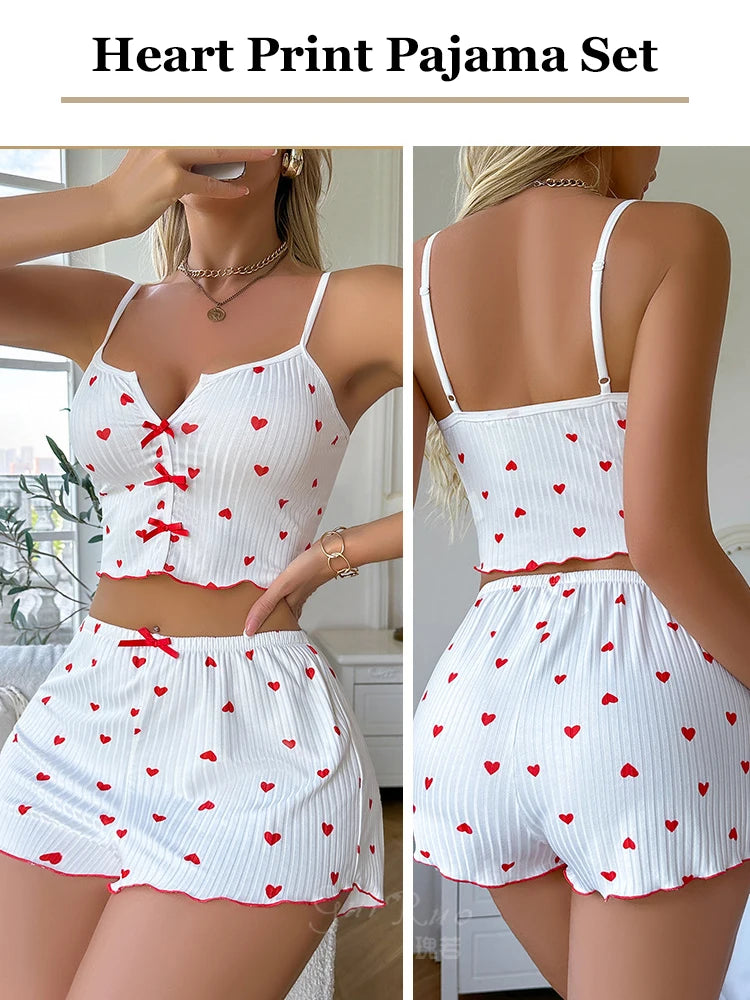 Women’s Pajama Set – Heart Print Cami & Shorts