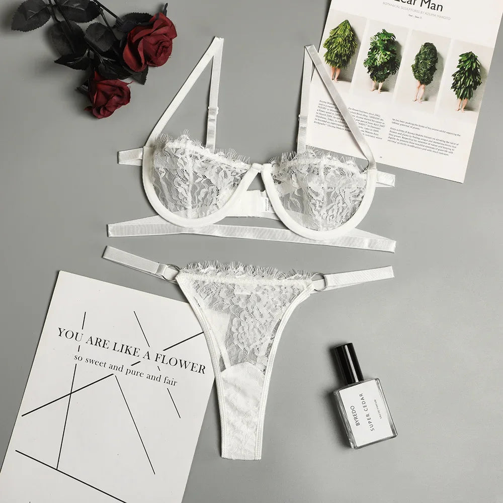 Women’s Lace Bra and Brief Set – Embroidered Two-Piece Set