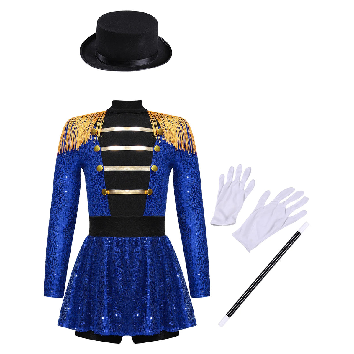 Sequins Girls Magician Circus Performance Costume Outfits Kids Halloween Ringmaster Bodysuit Jumpsuit with Hat Gloves Magic Wand