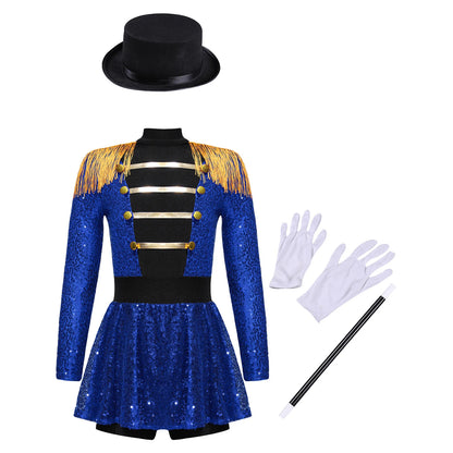 Sequins Girls Magician Circus Performance Costume Outfits Kids Halloween Ringmaster Bodysuit Jumpsuit with Hat Gloves Magic Wand