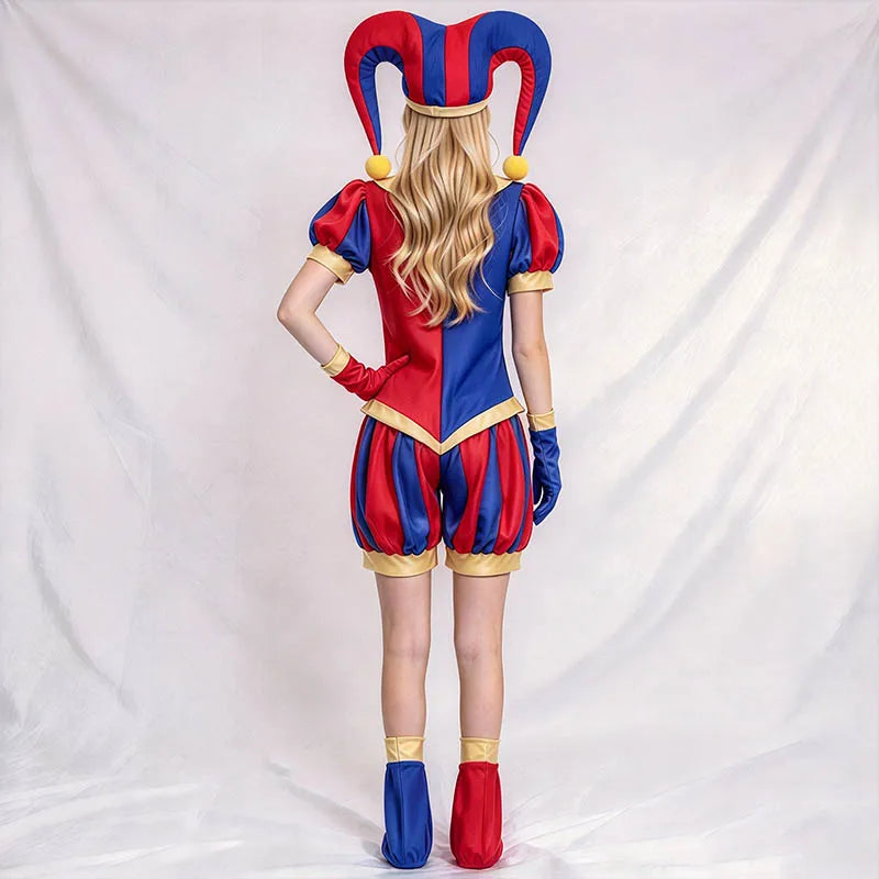 Women Red Blue Jester Costume Set Jumpsuit with  Hat Gloves Foot Covers Halloween Carnival Fancy Dress Outfits for Cosplay Comic