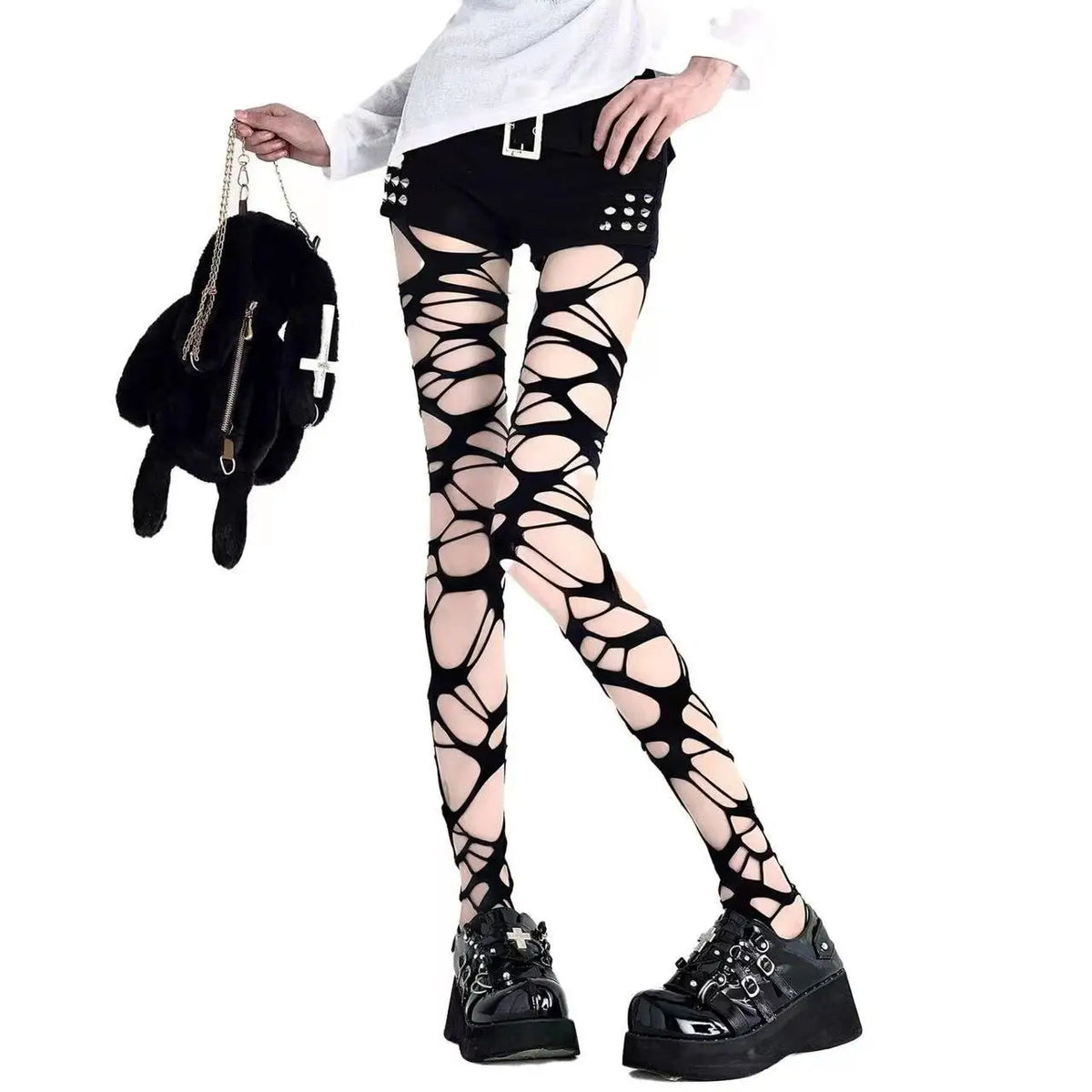 A Pair of Homemade Gothic Punk Style Stockings Hot Girl Subculture Y2K Black Hole Stockings Bottoming Pantyhose