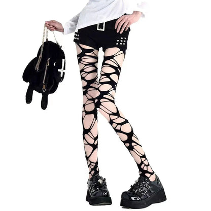 A Pair of Homemade Gothic Punk Style Stockings Hot Girl Subculture Y2K Black Hole Stockings Bottoming Pantyhose