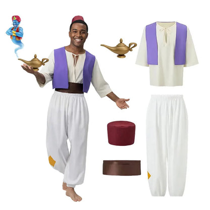 Men's Aladdin Prince Costume Anime Arabian Nights Costume Halloween Cosplay Gift with Magic Lamp Prop Hat Game Performance