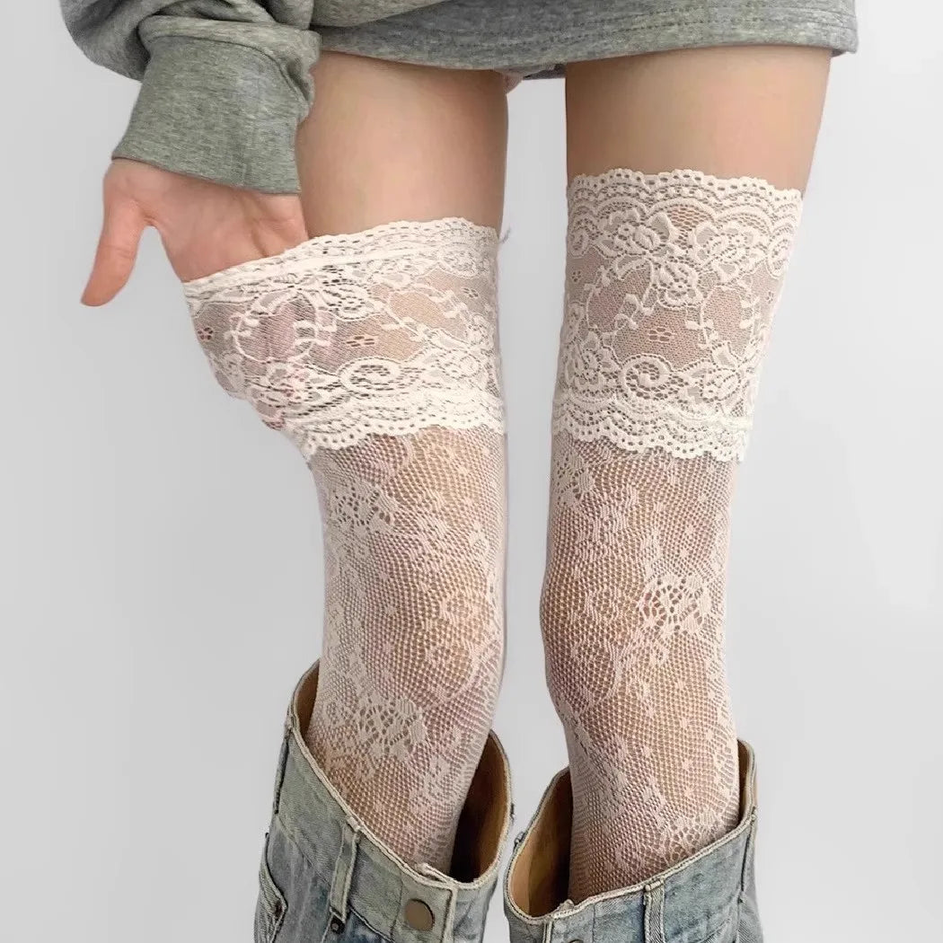 Fishnet Knee High Socks for Women – Floral Mesh Stockings