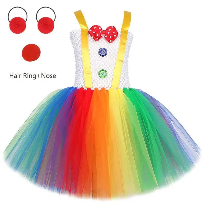 Rainbow Circus Clown Costume for Girls Halloween Fancy Tutu Dress Kids Toddler Birthday Carnival Party Outfit with Red Nose