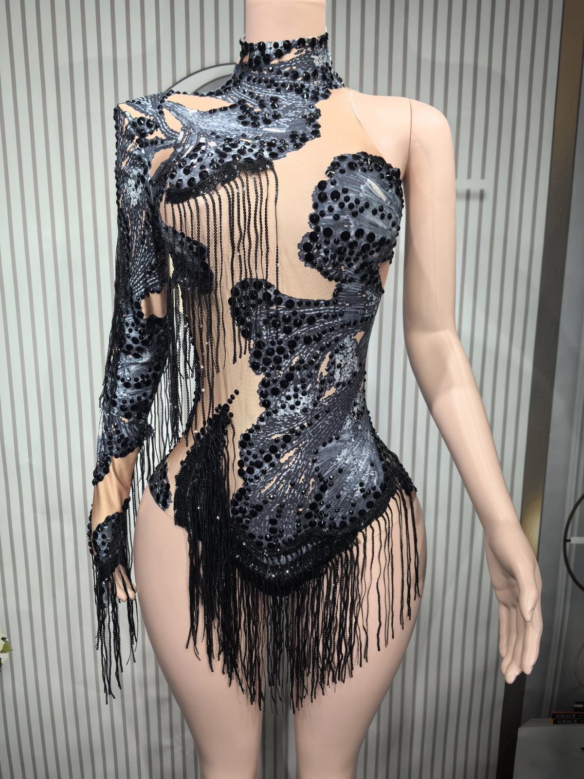 Sexy Skinny Leotard Singer Dancer Show StageWear Sparkly Blue Rhinestones Women DanceCostume Fringes One Shoulder Bodysuit  7G