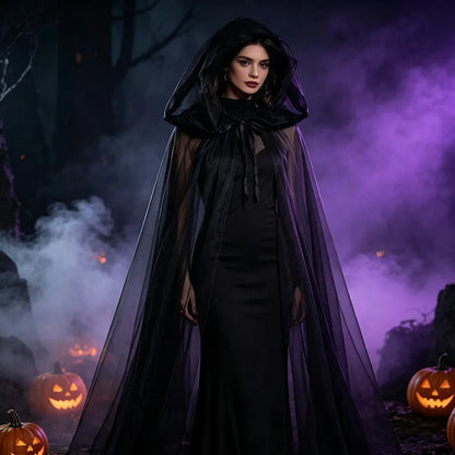 Women Halloween Black Sheer Tulle Cloak Long Hooded Mesh Cape Ghost Witch Vampire Cosplay Costume Carnival Party Fancy Dress