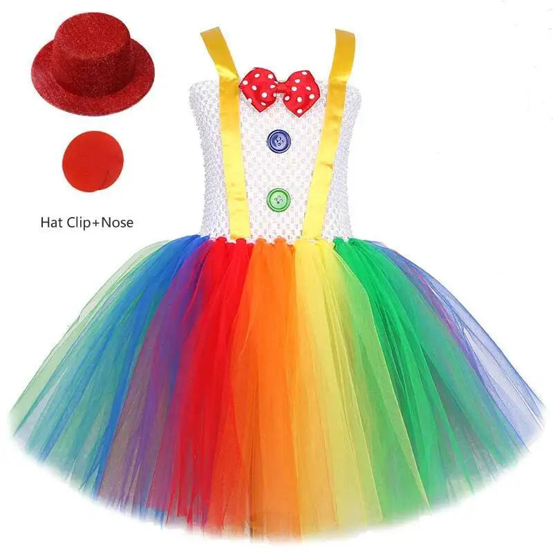 Rainbow Circus Clown Costume for Girls Halloween Fancy Tutu Dress Kids Toddler Birthday Carnival Party Outfit with Red Nose