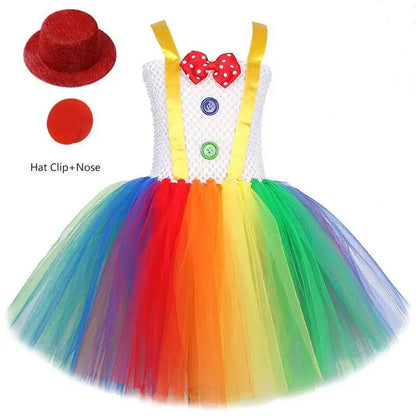 Rainbow Circus Clown Costume for Girls Halloween Fancy Tutu Dress Kids Toddler Birthday Carnival Party Outfit with Red Nose