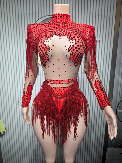 Sexy Skinny Leotard Singer Dancer Show StageWear Sparkly Blue Rhinestones Women DanceCostume Fringes One Shoulder Bodysuit  7G