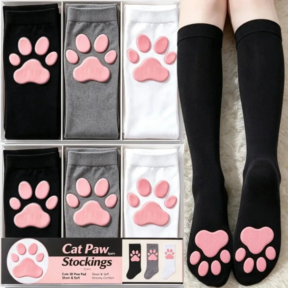 Cat Paw Socks – 3D Knee High Cotton Novelty Socks for Women & Girls