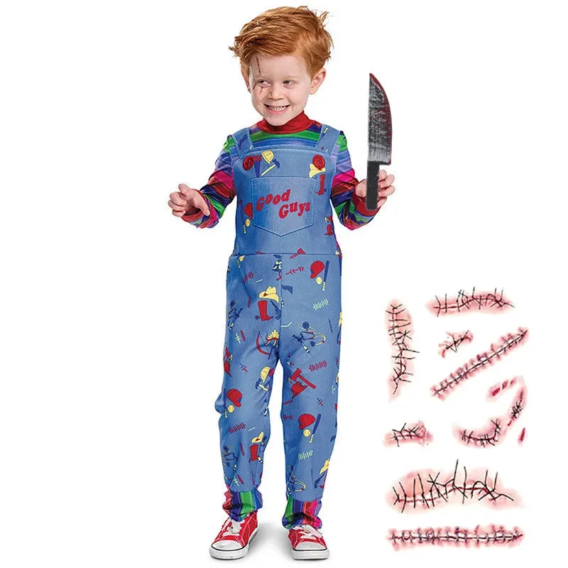 Movie Horror Chucky Halloween Girl Costume, Child Play Toddler Chucky Costume Gift with Scar Tattoo Sticker Gift