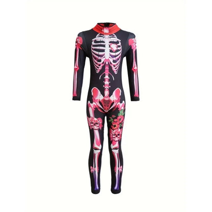 Female Ghost Bride Jumpsuit Printed Skeleton Rose Dressup Costume Horror Theme Party Halloween Girls Trendy Parent-Child Costume