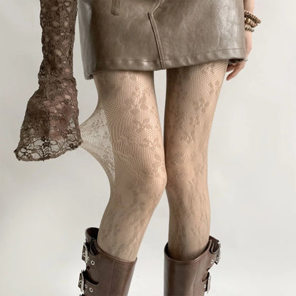 Floral Lace Stockings – Women’s Mesh Tights with Retro Vine Design