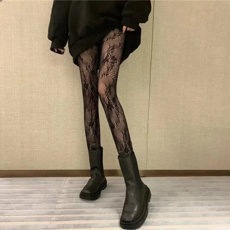Women’s Floral Lace Tights – Black Mesh Gothic Style