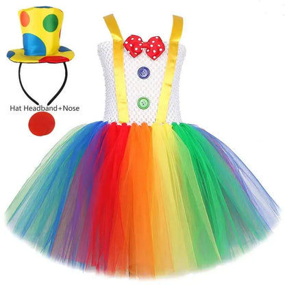 Rainbow Circus Clown Costume for Girls Halloween Fancy Tutu Dress Kids Toddler Birthday Carnival Party Outfit with Red Nose