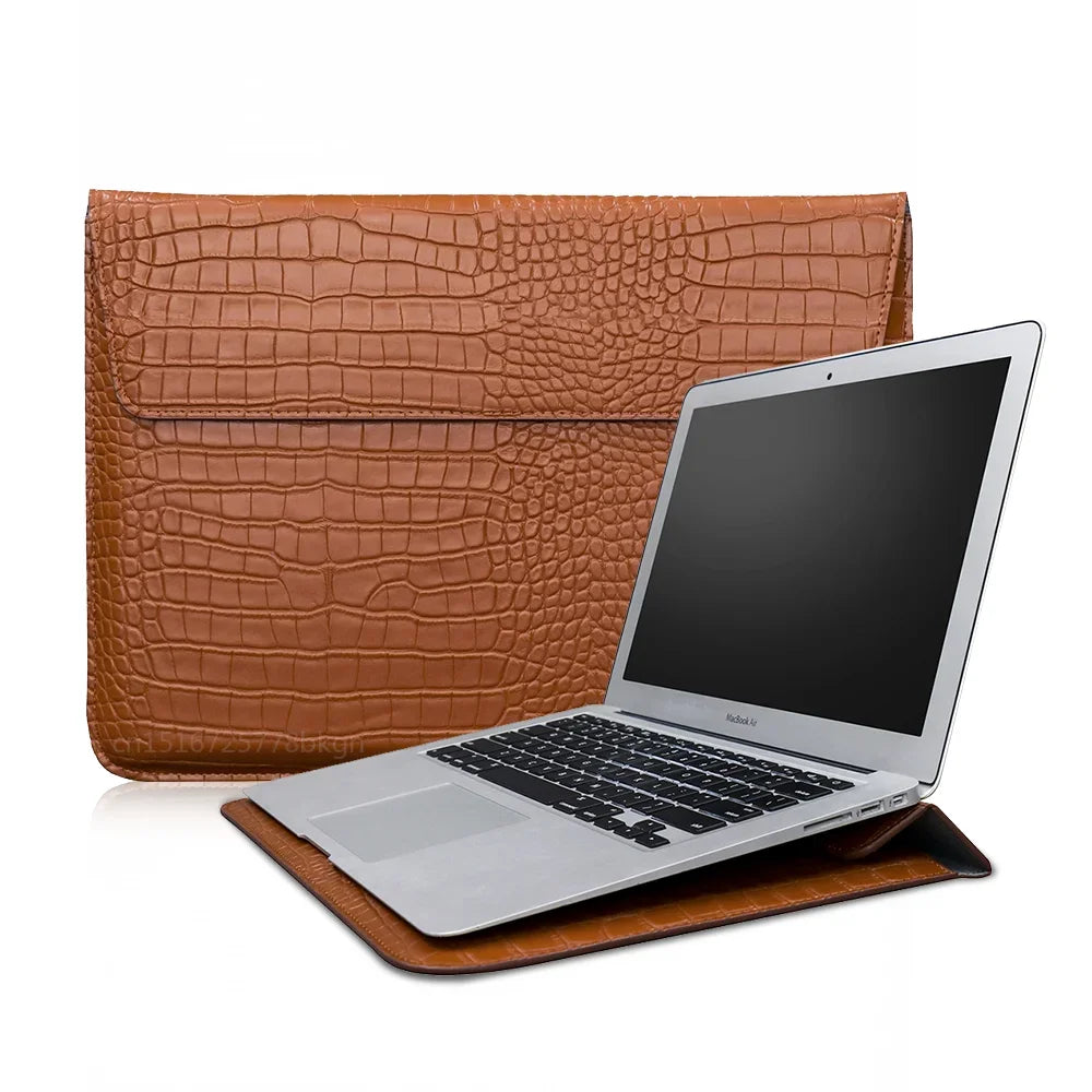Crocodile Grain Laptop Sleeve – PU Leather Flip Case with Stand