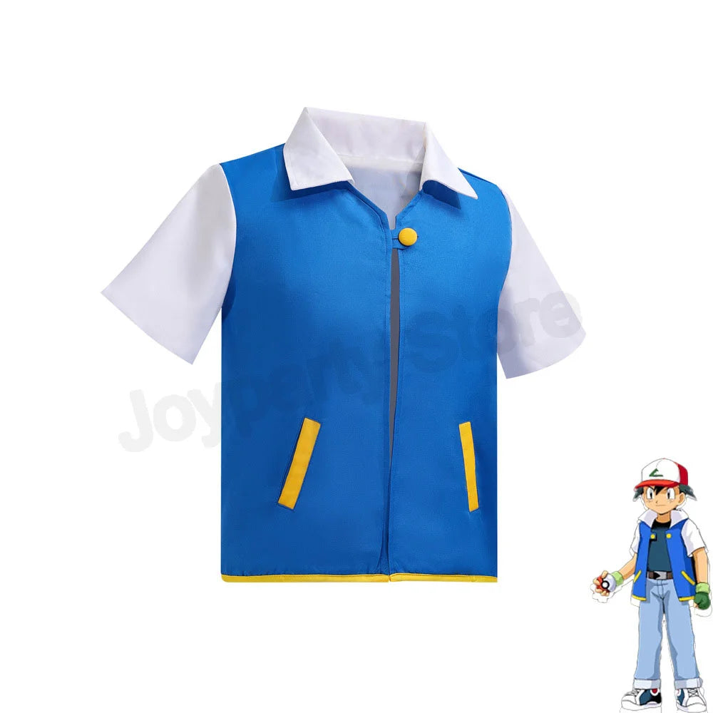 Adult Ash Ketchum Costume for Halloween Men Anime Trainer Cosplay Women Disfraz Party Blue Jacket Cap and Gloves Full Sets