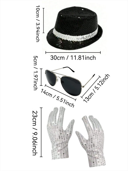 Michael Jackson Costume Accessories Set - Sequin Fedora Hat + Rhinestone Gloves + Aviator Sunglasses, Halloween Cosplay Party Dr