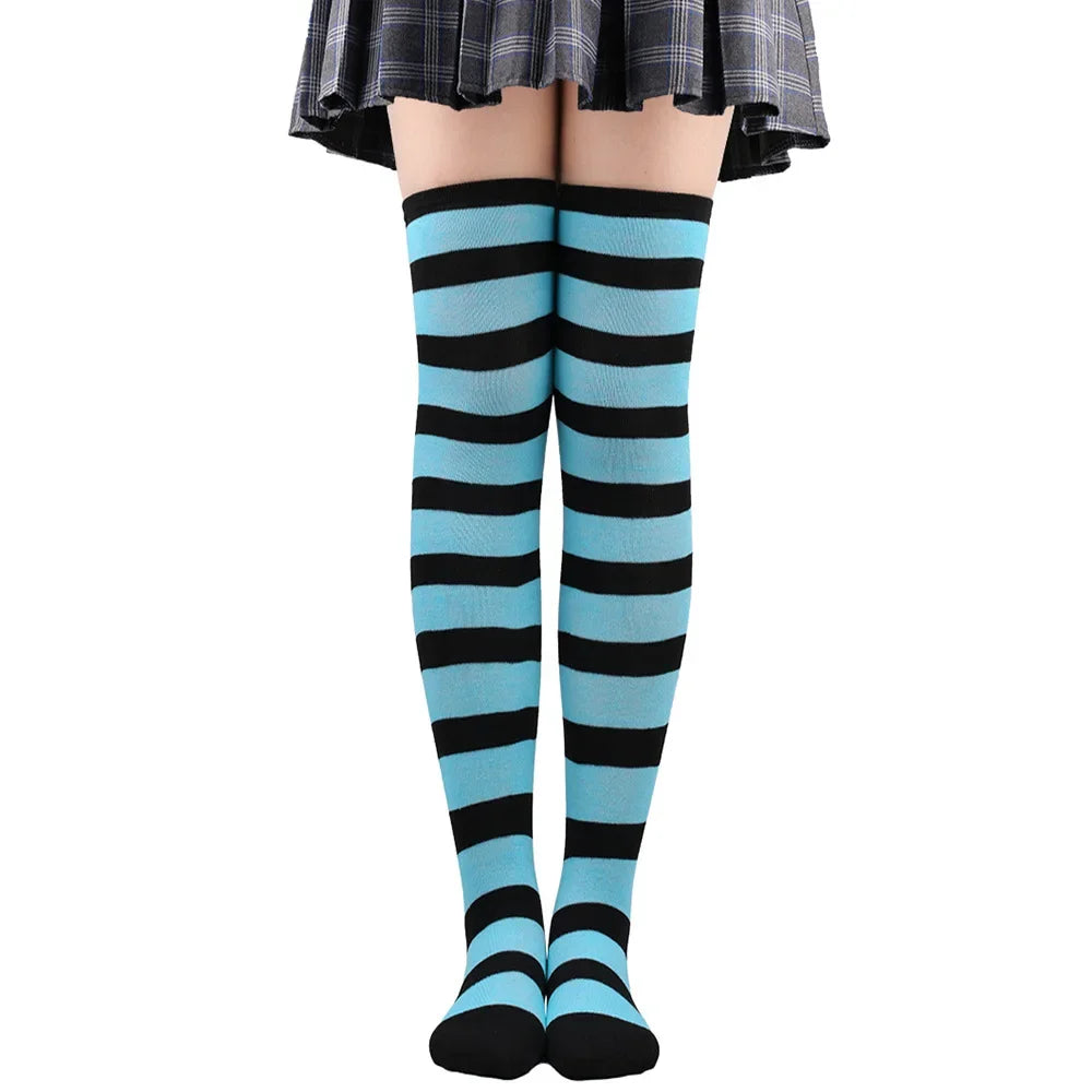 Women’s Striped Thigh High Socks – Black White Pink