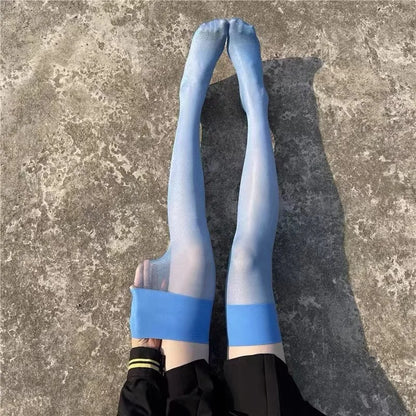 Women’s Blue Over Knee Stockings – Sheer Shiny Knit Hosiery