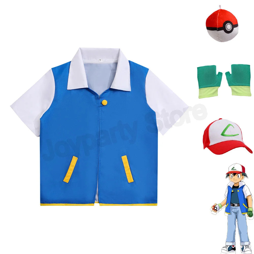 Adult Ash Ketchum Costume for Halloween Men Anime Trainer Cosplay Women Disfraz Party Blue Jacket Cap and Gloves Full Sets