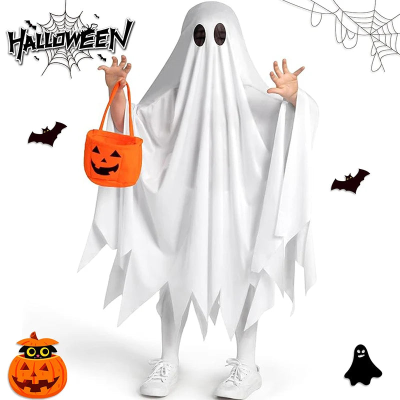 Kid Halloween Costume White Ghost Cloak with Pumpkin Handbag 2 Pcs Set Cosplay Clothes