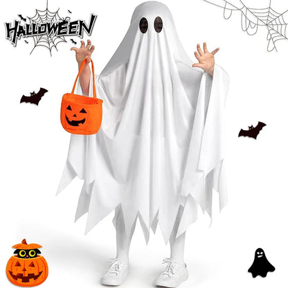 Kid Halloween Costume White Ghost Cloak with Pumpkin Handbag 2 Pcs Set Cosplay Clothes