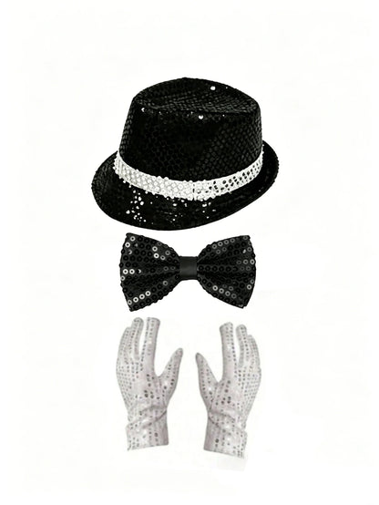 Michael Jackson Costume Accessories Set - Sequin Fedora Hat + Rhinestone Gloves + Aviator Sunglasses, Halloween Cosplay Party Dr