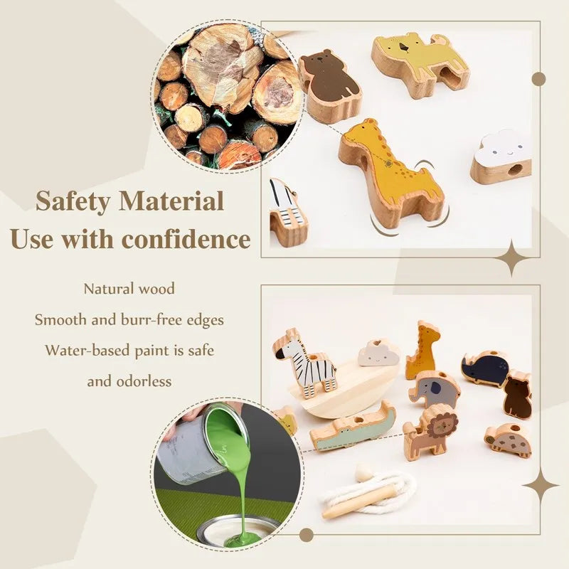 Wooden Montessori Threading Toy with Animal Beads & Balance Board