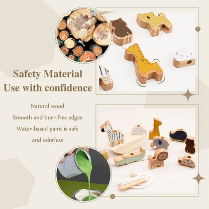 Wooden Montessori Threading Toy with Animal Beads & Balance Board