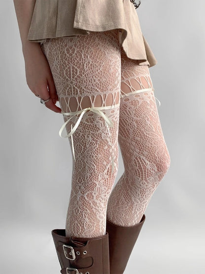 Sheer Mesh Tights for Women – Beige Lace Detail Stockings