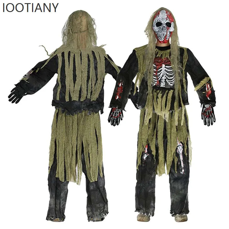 IOOTIANY 2025 New Horror Boy Burning Horror Death Halloween Costume Children Skeleton Zombie Cosplay Stage Performance Costume
