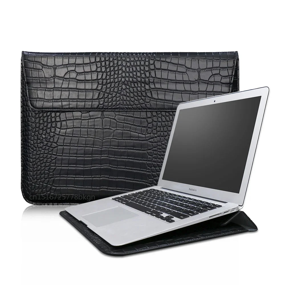 Crocodile Grain Laptop Sleeve – PU Leather Flip Case with Stand